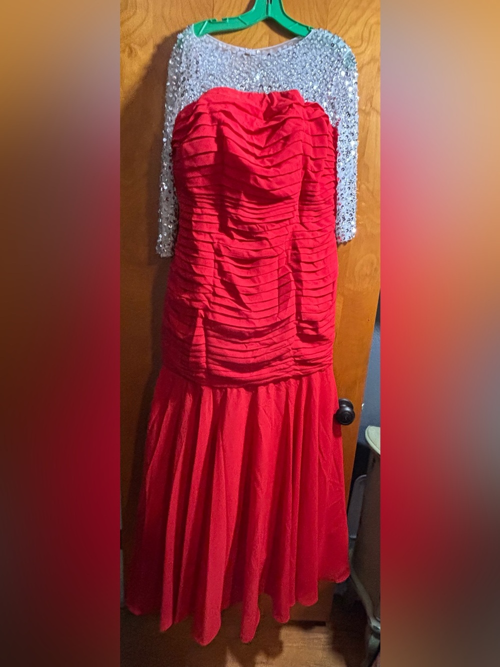Red Ruched Dress with Silver Sequin Top Portion, @ Size Large